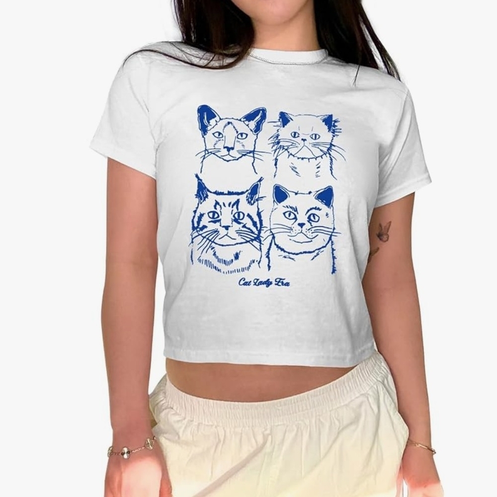 White Crop Top with Blue Cat Graphic